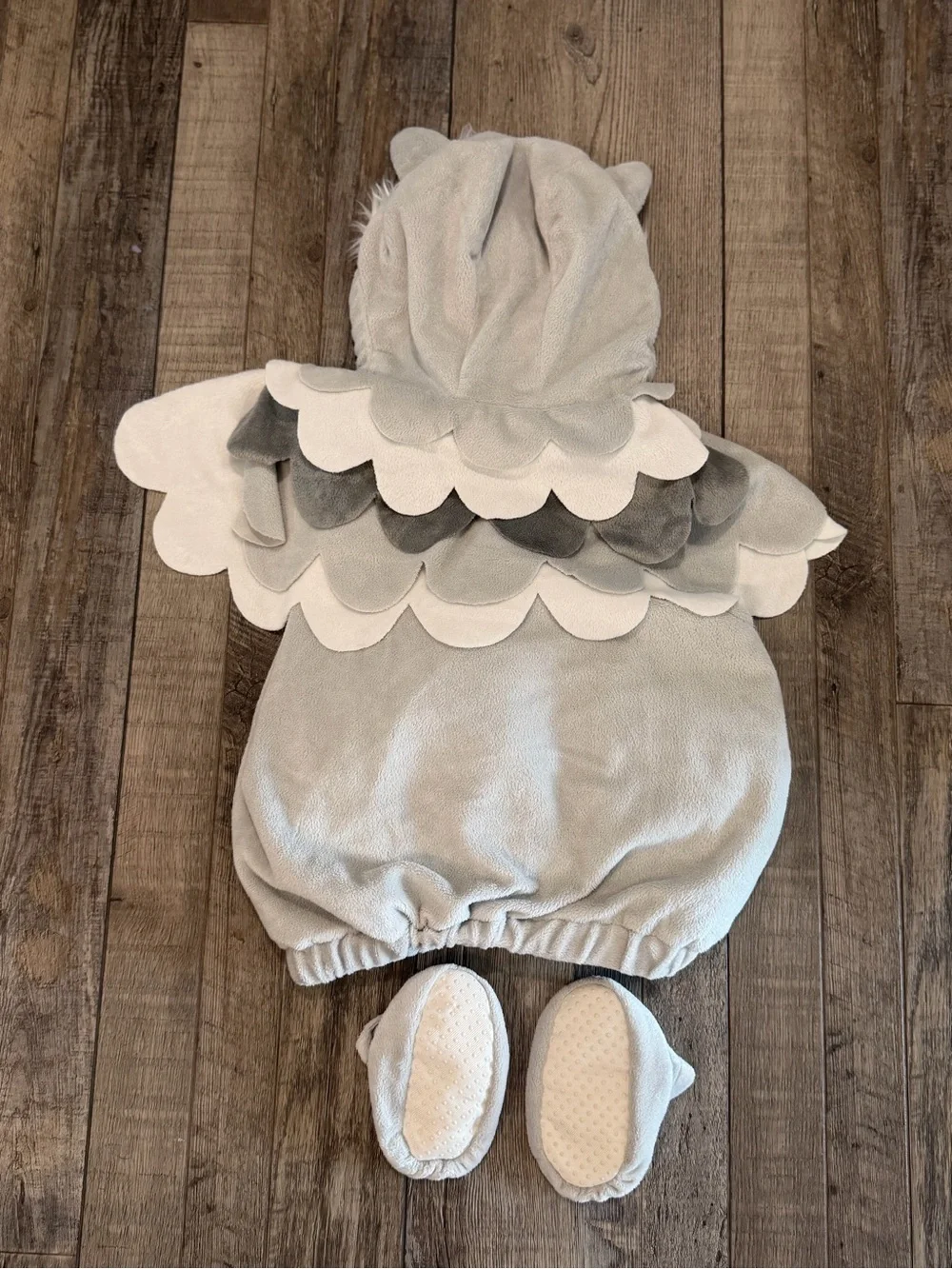 🦉Snowy Owl Costume Romper with Hood and Booties - Light Gray & Cream. Size 0-6m